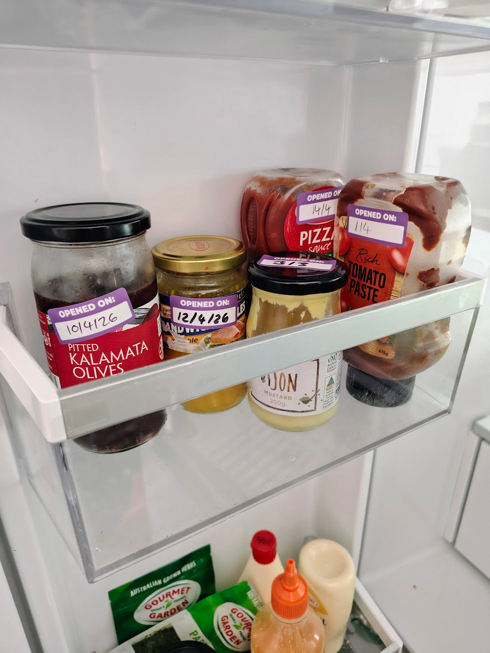 Opened on labels used on jars and containers in a fridge